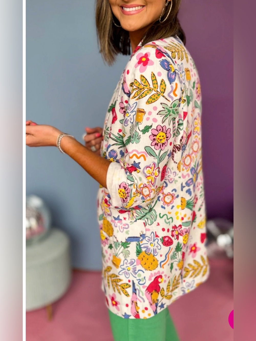Fate Floral Multi-Color Linen Blend Jacket - White Base - Picture 3 of 9